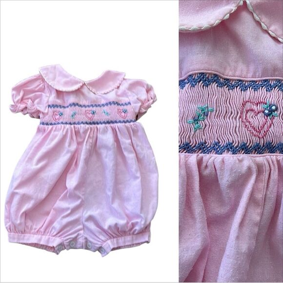 Vintage Other - Vintage Allison Ann Baby Girl Embroidered Pink Hear Shortsleeve Romper 18M